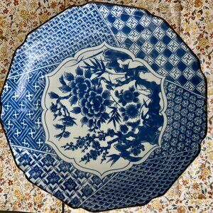 Vintage Japanese Arita Kazan Kiln Blue & White Scalloped Plate - Floral & Geomet